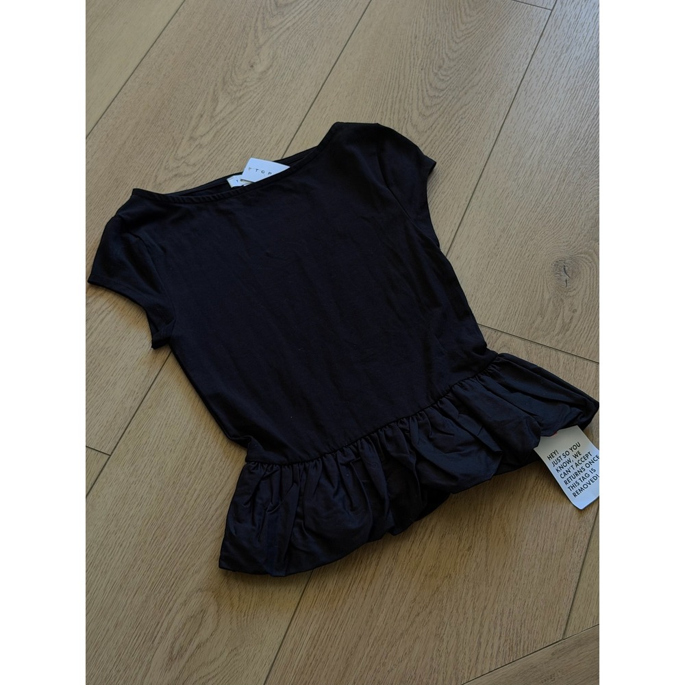 Topshop Black Peplum Top Boat Neck Short Sleeve Jersey Poplin Mix NWT US 0-2 XS - Picture 3 of 5